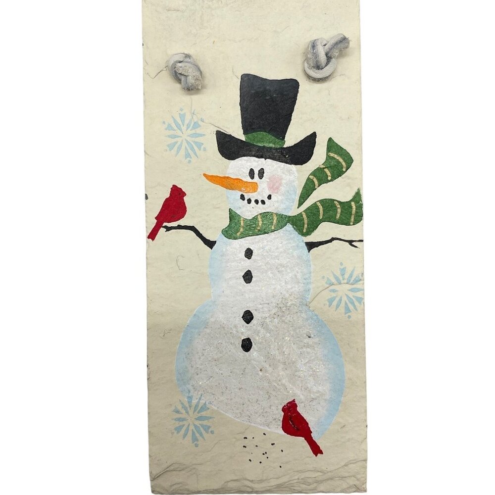 Handmade Christmas Ornament painted snowman on tile white black green READ